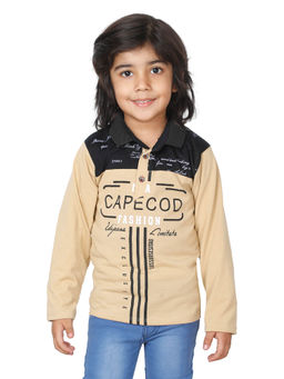FOURFOLDS - Boys Beige Full Sleeves Printed T-Shirt