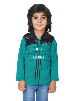 FOURFOLDS - Boys Green Full Sleeves Printed T-Shirt