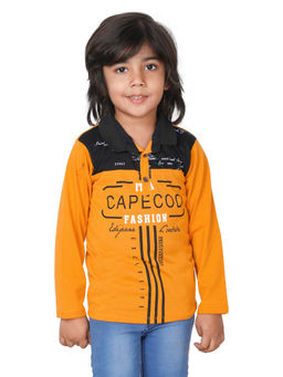 FOURFOLDS - Boys Mustard Full Sleeves Printed T-Shirt