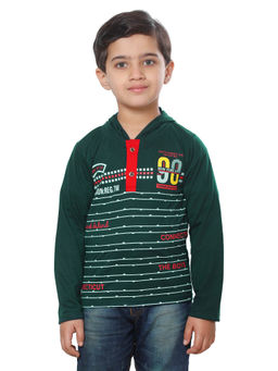 FOURFOLDS - Boys Green Hooded Printed T-Shirt