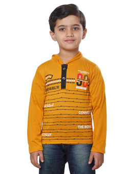FOURFOLDS - Boys Mustard Hooded Printed T-Shirt