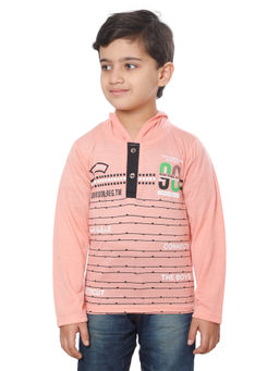 FOURFOLDS - Boys Pink Hooded Printed T-Shirt