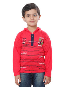 FOURFOLDS - Boys Red Hooded Printed T-Shirt