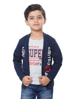 FOURFOLDS - Boys Navy Blue Full Sleeves Printed T-Shirt