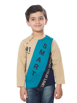 FOURFOLDS - Boys Beige Full Sleeves Printed T-Shirt