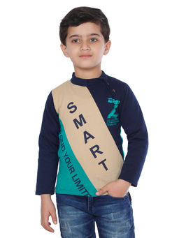 FOURFOLDS - Boys Navy Blue Full Sleeves Printed T-Shirt