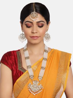 Zaveri Pearls - Gold Tone Long Kundan & Pearls Bridal Necklace, Earring & Maangtikka (Set of 3)