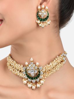 Zaveri Pearls - Green Meenakari Clustered Pearls Kundan Choker Necklace & Earring Set-ZPFK10236