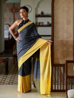 Suta - Grey and Yellow Cotton Saree