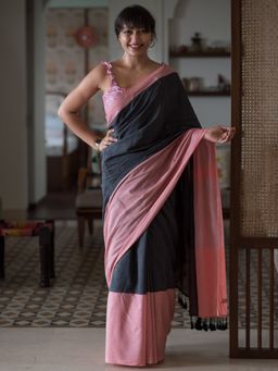 Suta - Grey and Peach Cotton Saree