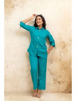 Mokshi - Women Turquoise Solid Collar Three-Quarter Sleeves Shirt & Pant Co-Ord (Set of 2)