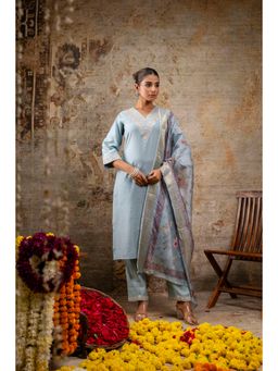 Mokshi - Women Blue Embroidered Solid V-Neck Muslin Kurta & Pant with Dupatta (Set of 3)