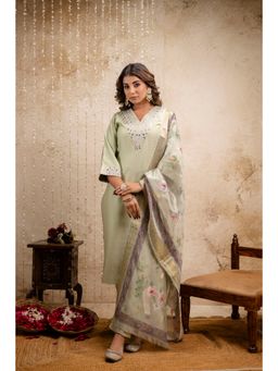 Mokshi - Women Green Embroidered Solid V-Neck Muslin Kurta & Pant with Dupatta (Set of 3)