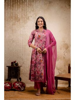 Mokshi - Women Pink Embroidered Floral Round Neck Muslin Kurta & Pant with Dupatta (Set of 3)