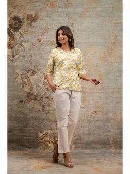Mokshi - Women Yellow Printed Round Neck Three-Quarter Sleeves Top & Pant (Set of 2)