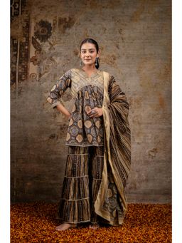 Mokshi - Black Embroidered V-Neck Calf Length Cotton Kurti & Sharara with Dupatta (Set of 3)