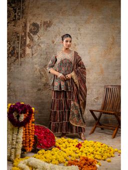 Mokshi - Red Embroidered V-Neck Calf Length Cotton Kurti & Sharara with Dupatta (Set of 3)