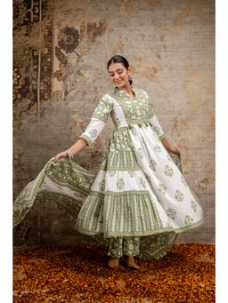 Mokshi - Green Printed Mandarin Neck Calf Length Cotton Kurta & Pant with Dupatta (Set of 3)