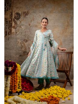Mokshi - Green Printed V-Neck Calf Length Silk Kurta & Pant with Dupatta (Set of 3)