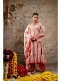 Mokshi - Pink Printed V-Neck Calf Length Silk Kurta & Pant with Dupatta (Set of 3)