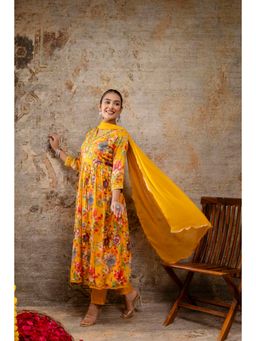 Mokshi - Yellow Printed V-Neck Calf Length Viscose Rayon Kurta & Pant with Dupatta (Set of 3)