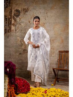 Mokshi - Blue Embroidered Round Neck Cotton Blend Kurta & Pant with Dupatta (Set of 3)