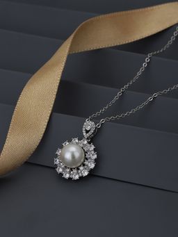 Carlton London - Premium Silver & White Toned Pearls Studded Circular Pendant with Chain