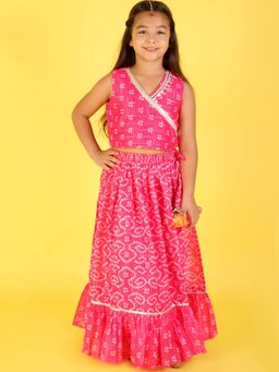 Lil Drama - Stylish Girls Printed Chanderi Lurex Ghaghra Choli-pink (Set of 2)