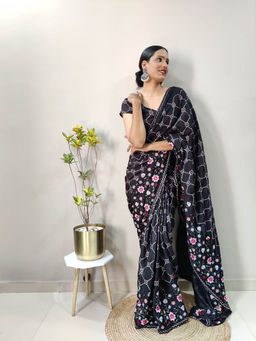 Odette - Black Chinon Silk Saree With Unstitched Blouse