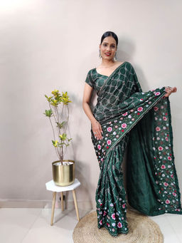 Odette - Green Chinon Silk Saree With Unstitched Blouse