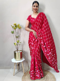 Odette - Red Chinon Silk Saree With Unstitched Blouse