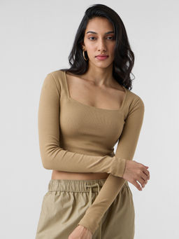 The Souled Store - Originals Solids : Dark Beige Women Cropped Tops