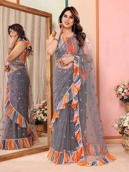 Odette - Women Grey Net Mirror Work Saree & Unstitched Blouse