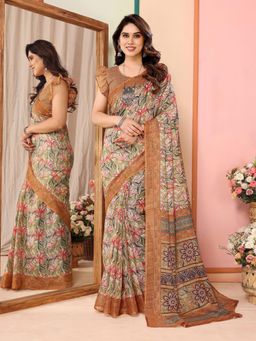 Odette - Women Green Cotton Blend Printed Saree & Unstitched Blouse