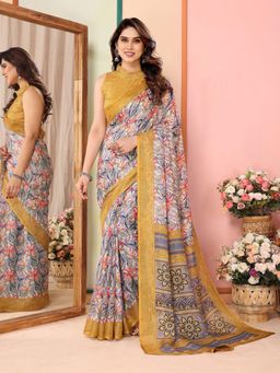 Odette - Women Grey Cotton Blend Printed Saree & Unstitched Blouse