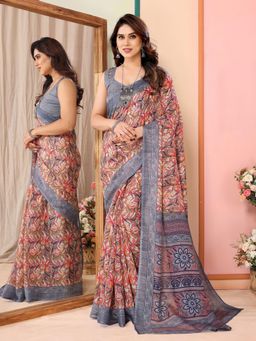 Odette - Women Brown Cotton Blend Printed Saree & Unstitched Blouse