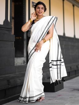 I LOVE SAREES - White Cotton with Black Silver Border Kerala Kasav Saree Without Blouse
