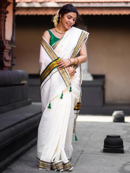 I LOVE SAREES - White Cotton with Green Golden Border Kerala Kasav Saree Without Blouse