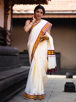 I LOVE SAREES - White Cotton with Maroon Golden Border Kerala Kasav Saree Without Blouse