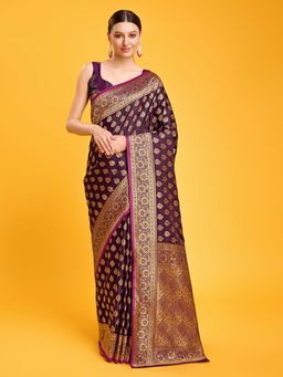 Monjolika Fashion - Wine Satin Silk Saree Traditional Weaving with Zari Work & Unstitched Blouse