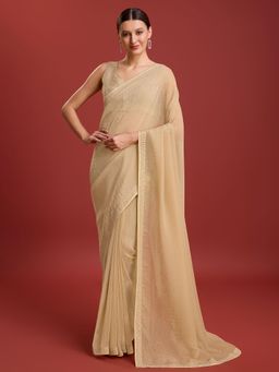 Monjolika Fashion - Women's Crush Organza Saree In Chiku Swarovski Stone Work & Unstitched Blouse