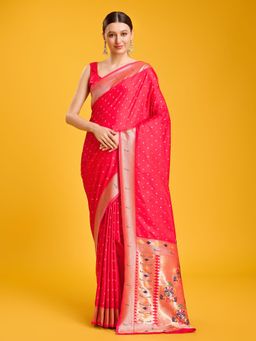 Monjolika Fashion - Paithani Silk Saree In Regal Red with Gold Weaves Zari Wok & Unstitched Blouse