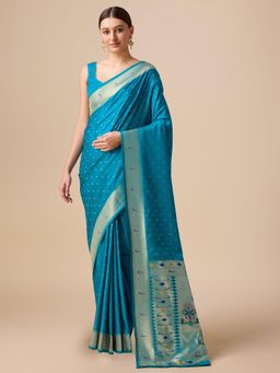 Monjolika Fashion - Paithani Silk Saree In Teal with Gold Weaves Zari Work & Unstitched Blouse