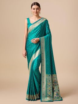 Monjolika Fashion - Paithani Silk Saree In Green with Gold Weaves Zari Work & Unstitched Blouse