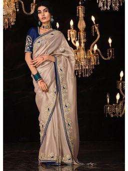 Mysilklove - Dairy Beige Embroidered Designer Satin Silk Saree Without Blouse