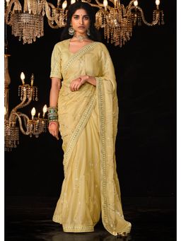 Mysilklove - Cape Honey Cream Embroidered Designer Satin Silk Saree Without Blouse