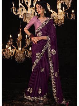 Mysilklove - Wine Berry Purple Embroidered Designer Satin Silk Saree Without Blouse