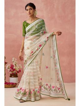 Mysilklove - Pearl Off White and Green Brasso Organza Printed Saree Without Blouse