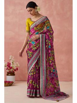 Mysilklove - Heath Wine Brasso Organza Printed Saree Without Blouse