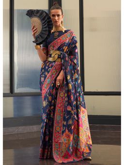 Mysilklove - Calypso Blue Jamewar Kashmiri Cotton Silk Saree Without Blouse